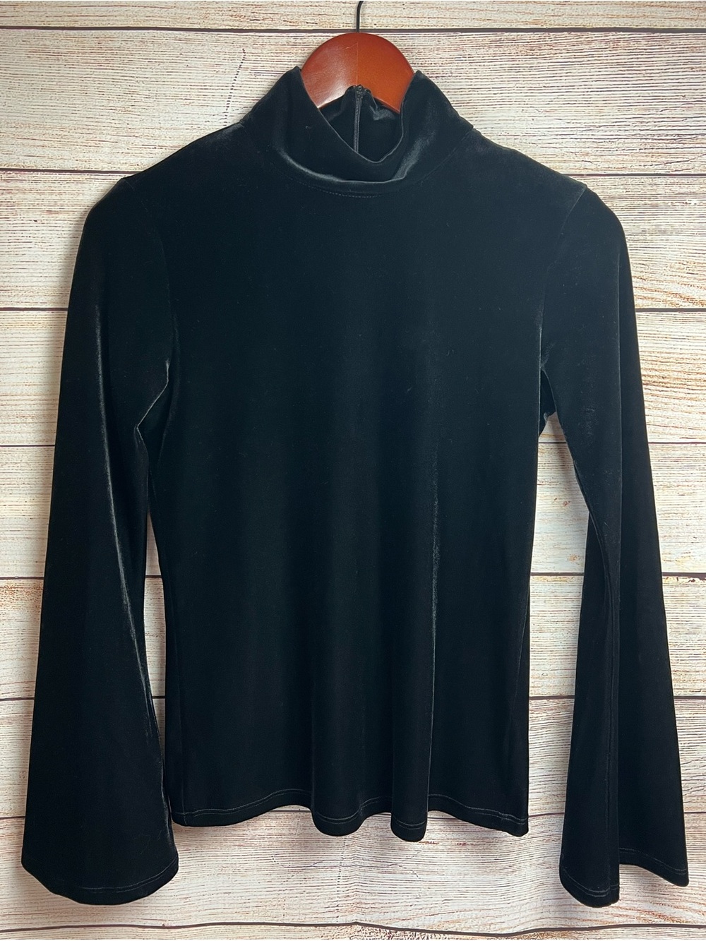L'Agence Coralie Velvet Mock Neck Top Sz S Long Bell Sleeves Black Back Zipper
